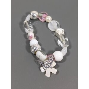 Butterfly Charm Beaded Bracelet Rose Art Glass Acrylic Floral Boho 7.5"